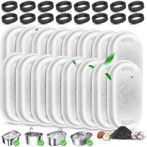 Cat Water Fountain Filter Replacement, 8 Pcs Pet Water Fountain Filters with 8 Pcs Sponges Foam for 67oz/2L & 108oz/3.2L Stainless Steel Automatic Cat Water Fountain Dispenser Filters