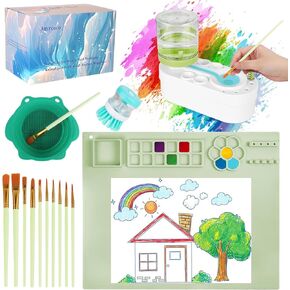 Painting Station, Silicone Painting Mat 20"X16" and Paint Brush Cleaner (Pre-Assembled), 10 Paint Brushes and Foldable Silicone Paint Brush Cleaner Bowl, for Artist Kids Adults Birthday Gifts (Green)
