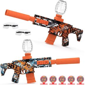 2 Pack Gel Ball Blaster Full Auto Electric Splatter Ball Toy 10 Rounds Per Seconds with Rechargeable Batteries, Line, Goggles and Target - Outdoor Activities Team Game Toy Age 14+