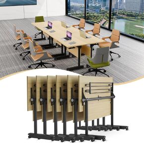 Conference Room Table,55.1'' Conference Table with Wheels, Modern Foldable Wood Color Conference Meeting Training Table,Rectangular Seminar Tables Suitable for 2-10 People (Wood 2)
