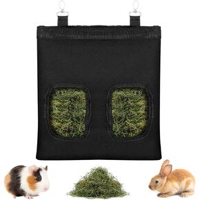 Rabbit Hay Feeder Bag, Guinea Pigs Hanging Hay Bag 2 Windows Large Capacity Hays Holder Bags Small Animal Feeder Dispenser for Bunny Guinea Pig Chinchilla Hamsters (Black)