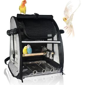 Bird Carrier Bag, Bird Travel Cage with Standing Perch and Indestructible Stainless Steel Mesh, Protable Transparent Breathable Carrier with Feeder Cups for Small Birds Parrot Parakeet, Grey
