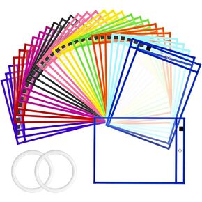 30 Packs Dry Erase Pocket Sleeves with 2-Ring, Reusable Clear Plastic Classroom Sleeves, 10x14 Inch Ticket Holders, Plastic Sleeves for School/Office Organization
