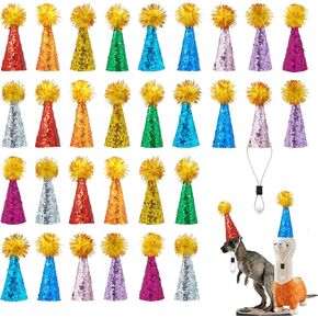 30 or 100 Pcs Mini Party Hats for Animal Figures Toys Tiny Glitter Cone Birthday Party Hats with Pom Poms