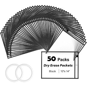50 Packs Dry Erase Pocket Sleeves, Reusable Clear Plastic Classroom Sleeves, 10x14 Inch Ticket Holders, for School/Office Organization