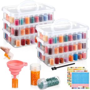 2 Pcs 3 Tier Diamond Art Storage Containers 300 Slots Portable Bead Organizer Box, Stackable Crafts Organizers for DIY Diamond Art Craft Jewelry Bead Storage