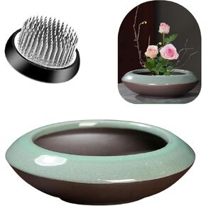 Ikebana Vase Kit Ceramic Flower Frog Vase with Stainless Kenzan Flower Frog Vase Japanese Ikebana Flower Arrangement Pot for Floral Displays Moss & Hydroponic Plants Zen Decor Gift (Black Small Size)