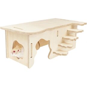 Hamster Wooden House with Steps & Multi-Chamber Hideout, Natural Chew Toy for Syrian Mice, Gerbils, Dwarf Hamsters, Small Animal Cage Accessories