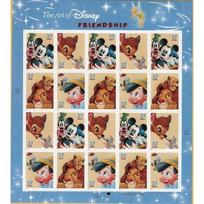 USPS The Art of Disney Friendship, (Goofy, Mickey Mouse, Donald Duck, Bambi, Thumper, Mufasa, Simba, Jiminy Cricket, Pinocchio) (Sheet of 20) 37 Cent Postage Stamps 2004 Scott #3865-3868