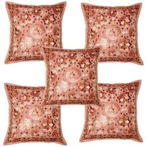 Marusthali Indian Vintage Decor Throw Cushion Cover Embroidery Mirror Work Pillow Case 16x16 Inches (5 Piece, Assorted)