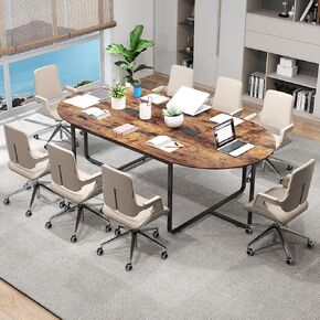 Tangkula 95" Conference Table, Large Oval Meeting Table for 10-12, 2 Cable Management Grommets, Sturdy Metal Legs, Industrial Business Training Seminar Table for Office Conference Room (Rustic Brown)