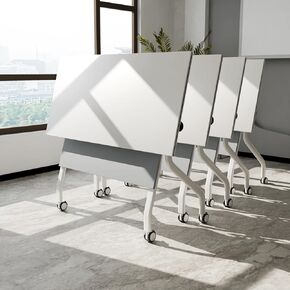 4 Pack White Conference Room Table,55.2in Office Folding Conference Table with Caster Wheels,Morden Flip Top Mobile Training Rectangle Foldable Meeting Table for Office,Class,Meeting Room