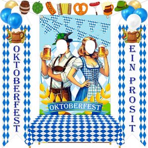 13PCS Oktoberfest Decorations Set: Party Door Banners, Couples Photo Booth Props, Table Cloth, Garland, Balloons - German Festival Bavarian Flag Decor Backdrop Supplies