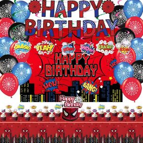 Spider Theme Birthday Party Supplies, Spider Theme Party Decorations Including Birthday Banner, Backdrop, Balloons, Hanging Swirls, Tablecloth, Cake Toppers for Kids Party