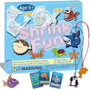 Shrink Fun 75PCS Shrinky Dinks Craft Kits for Kids, Includes 24 Pre Cut Sea Animals Charms, 24 Learning Cards and More, Keychain&Necklace Making Set for Boys and Girls, Craft Activity for Party Age 6+