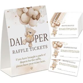Bear Diaper Raffle Baby Shower Game (1 Standing Sign + 50 Cards),We Can Bealy Wait Baby Shower Decorations, Bear Diaper Raffle Tickets -DPT01