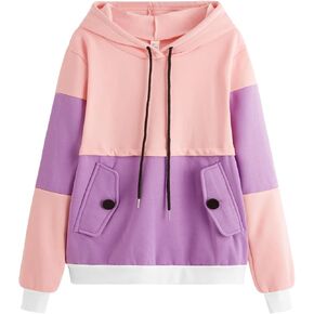 SweatyRocks Women抯 Winter Color Block Long Sleeve Fleece Hoodie Sweatshirt with Pockets Pink Blue S in Kuwait