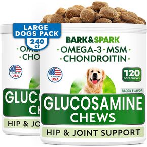 Bark&Spark Senior Advanced Glucosamine Chondroitin for Dogs - Hip Joint Pain Relief - Old Dog Joint Chews Large & Small Breed - Hip Joint Chews Joint Health Care Treats - 120Ct