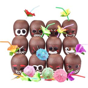 12 Pack Coconut Cups Plastic Hawaiian Cups,DIY Tropical Hawaiian Luau Tiki and Beach Party Decorations for Kids and Adults with 12 stickers 13 Straws and 13 Cocktail Drink Picks