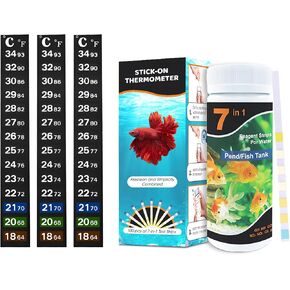 SunGrow Test Kit for Aquarium, Accurate Water Quality Monitoring, Essential Tool for Fish Keepers and Tank Maintenance, 1 Bottle with 100 Strips & 3-Piece Sticker Thermometer, 1 Set Per Pack