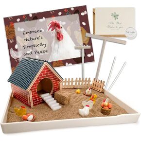 Threeheng Chicken Zen Garden Kit - Sand Tray Therapy Kit with Miniature Chicken Coop, Hen Figurines, and Accessories - Desk Sand Box for Meditation and Stress Relief - Fun Gift
