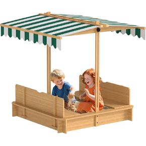 Outsunny Wooden Sandbox with Lid, Kids Sandbox with Canopy Outdoor, Sand Box with Foldable Bench Seats and Sand Protection, Bottom Liner Included, Kids Gift for Aged 3-7, 47X47 in, Natural