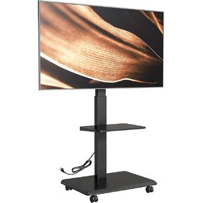 Steel Base Rolling TV stand with Power Outlet for 32-75 inch TVs up to 110 lbs, Leveling & Tilt & Swivel Mobile TV Stand with Hidden Wire Management, Height Adjustable Portable TV Stand, White