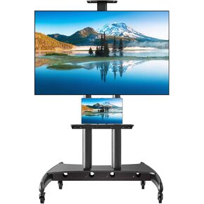 Rolling TV Stand, Mobile TV Stand for 55 to 85 Inch Screens up to 200 Lbs, LCD LED OLED Plasma Flat/Curved Panels, Portable TV Stand with Wheels, Height Adjustable AV Shelf and Camera Tray
