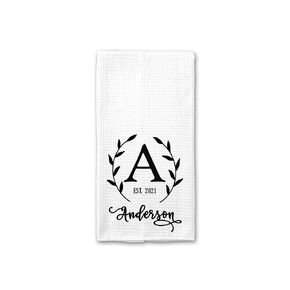 Custom Wedding Gift Laurel Wreath Monogram Waffle Weave Dish Towel, Housewarming Tea Towel, Kitchen Bath Microfiber (2 Pack)