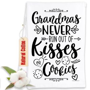 Grandmas Never Run Out Of Kisses or Cookies - Funny Kitchen Tea Towels - Towels Decorative Dish Towels with Sayings Funny Housewarming Kitchen Gifts - Multi-Use Cute Kitchen Towels - Gifts for Women