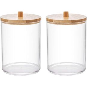 GSHLLO 2 Pcs Wood Tip Storage Holder Dispenser Round Plastic Swab Holder Small Wooden Lid Bathroom Jar Clear Floss Storage Canister Transparent Paper Clip Container