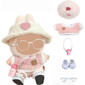 Doll Clothes Set 5-Piece for 15cm/17cm Dolls- Trendy Outfit Fits 7 inch Doll Collectible - Hat, Shirt, Canvas Shoes, Glasses, Water Bottle (Girls, 17cm/7inch)