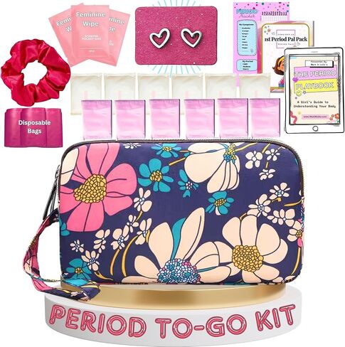First Period Pal Pack to-Go Kit | 26 pcs | First Period Kit for Girls 9-12 | Period Bags for Teen Girls for School | Discrete Period Bag, Pads, Panty Liners, Period Kits for Girls 10-12 - Flowers in Saudi Arabia