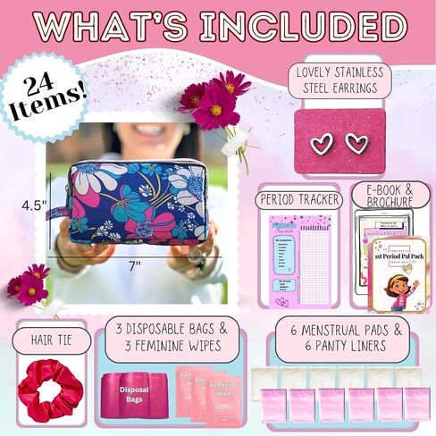 First Period Pal Pack to-Go Kit | 26 pcs | First Period Kit for Girls 9-12 | Period Bags for Teen Girls for School | Discrete Period Bag, Pads, Panty Liners, Period Kits for Girls 10-12 - Flowers in Saudi Arabia