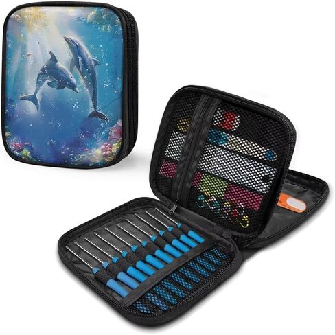 Kathyboom Empty Crochet Hook Case Dolphins Portable Crochet Hook Organizer with Slots Crochet Needles Bag for Crochet Lovers, Crochet Kit for Beginners in Saudi Arabia