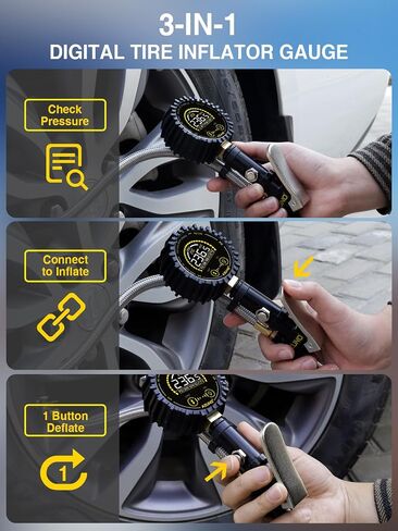 منفاخ إطارات AZUNO مع مقياس الضغط، مقياس ضغط الإطارات الأكثر دقة وشديد التحمل مع خرطوم مرن مضفر من الفولاذ المتين، قرص متوهج كبير سهل القراءة مقاس 2.5 بوصة وقارنة توصيل سريعة -100 رطل لكل بوصة مربعة in Kuwait