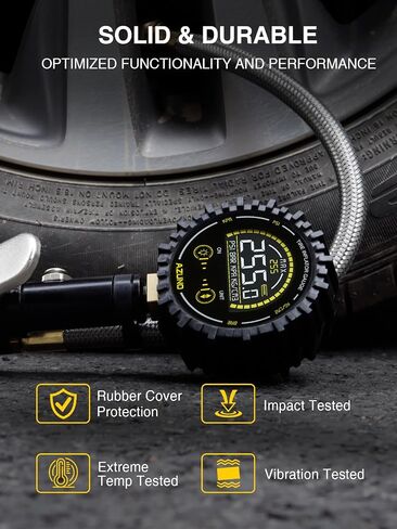 منفاخ إطارات AZUNO مع مقياس الضغط، مقياس ضغط الإطارات الأكثر دقة وشديد التحمل مع خرطوم مرن مضفر من الفولاذ المتين، قرص متوهج كبير سهل القراءة مقاس 2.5 بوصة وقارنة توصيل سريعة -100 رطل لكل بوصة مربعة in Kuwait