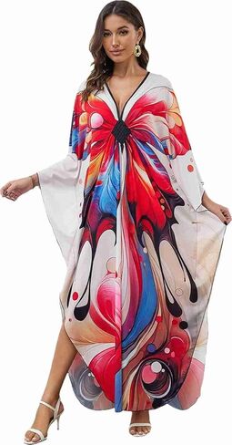 Plus Size Beach Cover-up red Feather Print Kaftans Indian Outfits for Women Vneck Batwing Dress Muslin Dress Women Beach Cover up Women Plus Size Plus Size Caftans for Women 2X (LS-8759-20) in Saudi Arabia