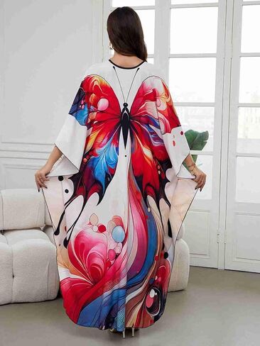 Plus Size Beach Cover-up red Feather Print Kaftans Indian Outfits for Women Vneck Batwing Dress Muslin Dress Women Beach Cover up Women Plus Size Plus Size Caftans for Women 2X (LS-8759-20) in Saudi Arabia