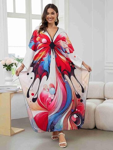 Plus Size Beach Cover-up red Feather Print Kaftans Indian Outfits for Women Vneck Batwing Dress Muslin Dress Women Beach Cover up Women Plus Size Plus Size Caftans for Women 2X (LS-8759-20) in Saudi Arabia