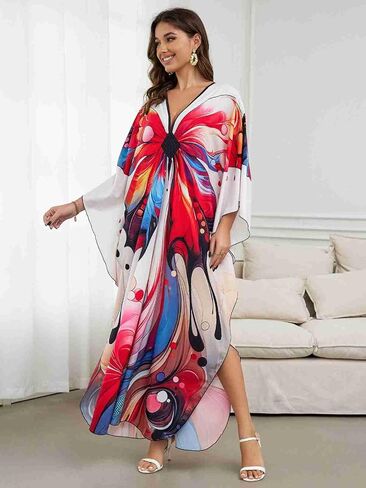 Plus Size Beach Cover-up red Feather Print Kaftans Indian Outfits for Women Vneck Batwing Dress Muslin Dress Women Beach Cover up Women Plus Size Plus Size Caftans for Women 2X (LS-8759-20) in Saudi Arabia