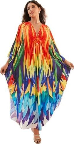 Plus Size Beach Cover-up red Feather Print Kaftans Indian Outfits for Women Vneck Batwing Dress Muslin Dress Women Beach Cover up Women Plus Size Plus Size Caftans for Women 2X (LS-8759-20) in Saudi Arabia