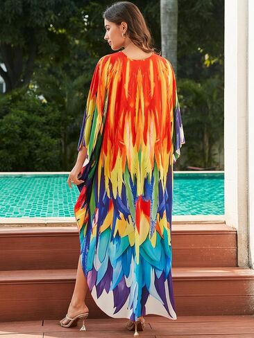 Plus Size Beach Cover-up red Feather Print Kaftans Indian Outfits for Women Vneck Batwing Dress Muslin Dress Women Beach Cover up Women Plus Size Plus Size Caftans for Women 2X (LS-8759-20) in Saudi Arabia