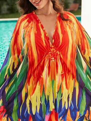 Plus Size Beach Cover-up red Feather Print Kaftans Indian Outfits for Women Vneck Batwing Dress Muslin Dress Women Beach Cover up Women Plus Size Plus Size Caftans for Women 2X (LS-8759-20) in Saudi Arabia