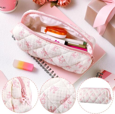 Sherr Coquette Bow Pencil Case Pink Bow Cute Pencil Pouch Soft Cotton Storage Bag Aesthetic Pattern Gift Makeup Pouch Cosmetic Bag for Women in Saudi Arabia
