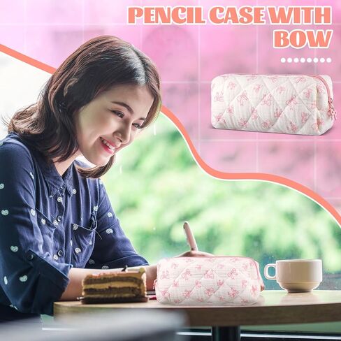 Sherr Coquette Bow Pencil Case Pink Bow Cute Pencil Pouch Soft Cotton Storage Bag Aesthetic Pattern Gift Makeup Pouch Cosmetic Bag for Women in Saudi Arabia
