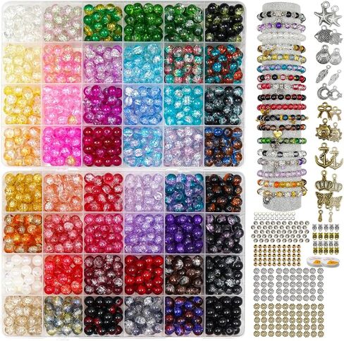 8mm Glass Beads for Bracelet Making kit,48 Colors 1450 pcs Crackle Glass Beads and Metal Spacer Beads/Pendant for Jewelry Making, Friendship Bracelet kit for DIY Gifts (Crackle Color) in Saudi Arabia