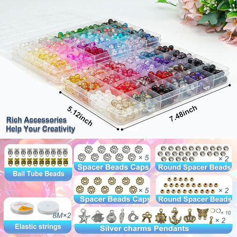 8mm Glass Beads for Bracelet Making kit,48 Colors 1450 pcs Crackle Glass Beads and Metal Spacer Beads/Pendant for Jewelry Making, Friendship Bracelet kit for DIY Gifts (Crackle Color) in Saudi Arabia