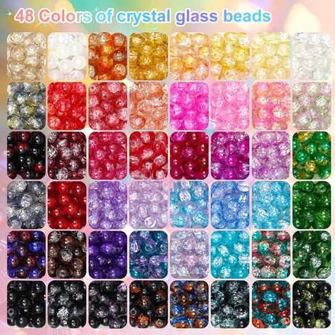 8mm Glass Beads for Bracelet Making kit,48 Colors 1450 pcs Crackle Glass Beads and Metal Spacer Beads/Pendant for Jewelry Making, Friendship Bracelet kit for DIY Gifts (Crackle Color) in Saudi Arabia