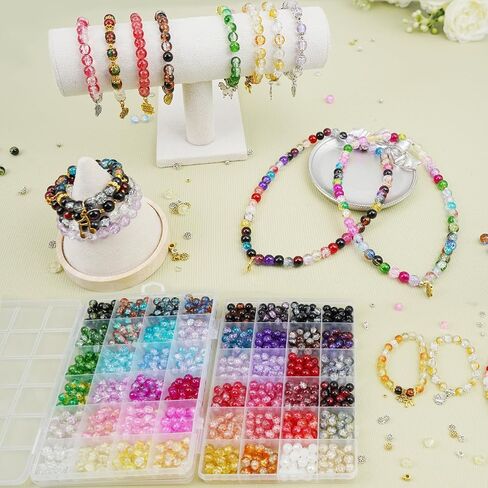 8mm Glass Beads for Bracelet Making kit,48 Colors 1450 pcs Crackle Glass Beads and Metal Spacer Beads/Pendant for Jewelry Making, Friendship Bracelet kit for DIY Gifts (Crackle Color) in Saudi Arabia